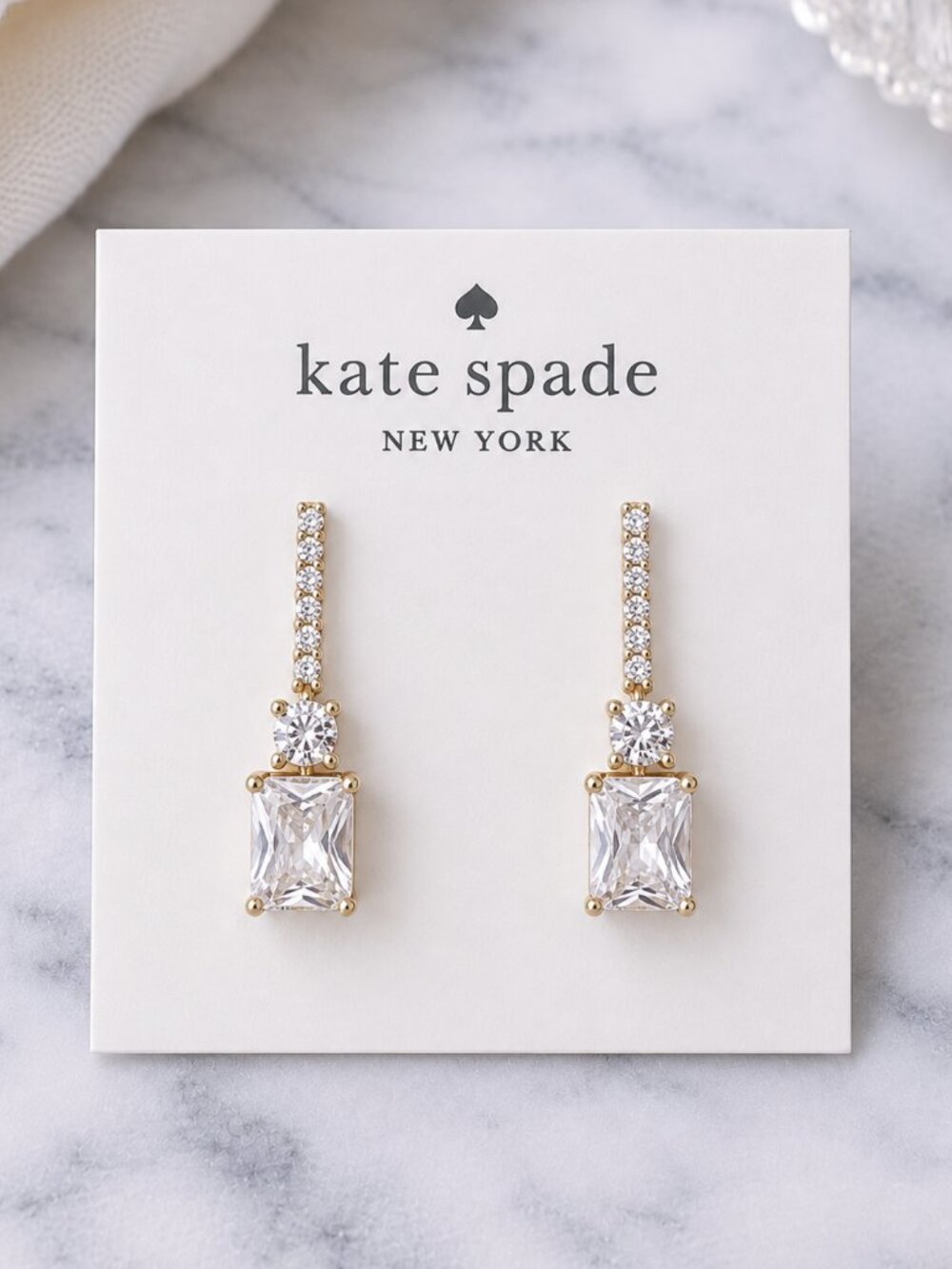 Kate Spade Crystal Linear Drop Earrings Silver Emerald Cut Dangle